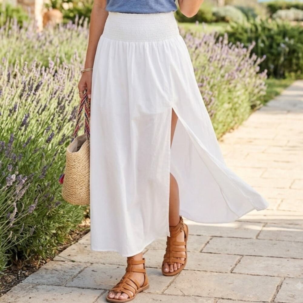 Commense Shirred high waist maxi skirt white w slit minimalist smocked beachy